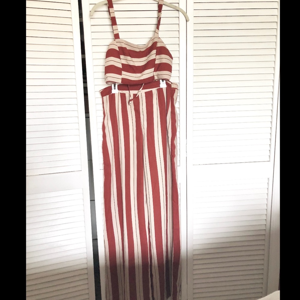 NEW BURNT ORANGE & BEIGE STRIPED CROP TOP W/ PANTS - Picture 1 of 3
